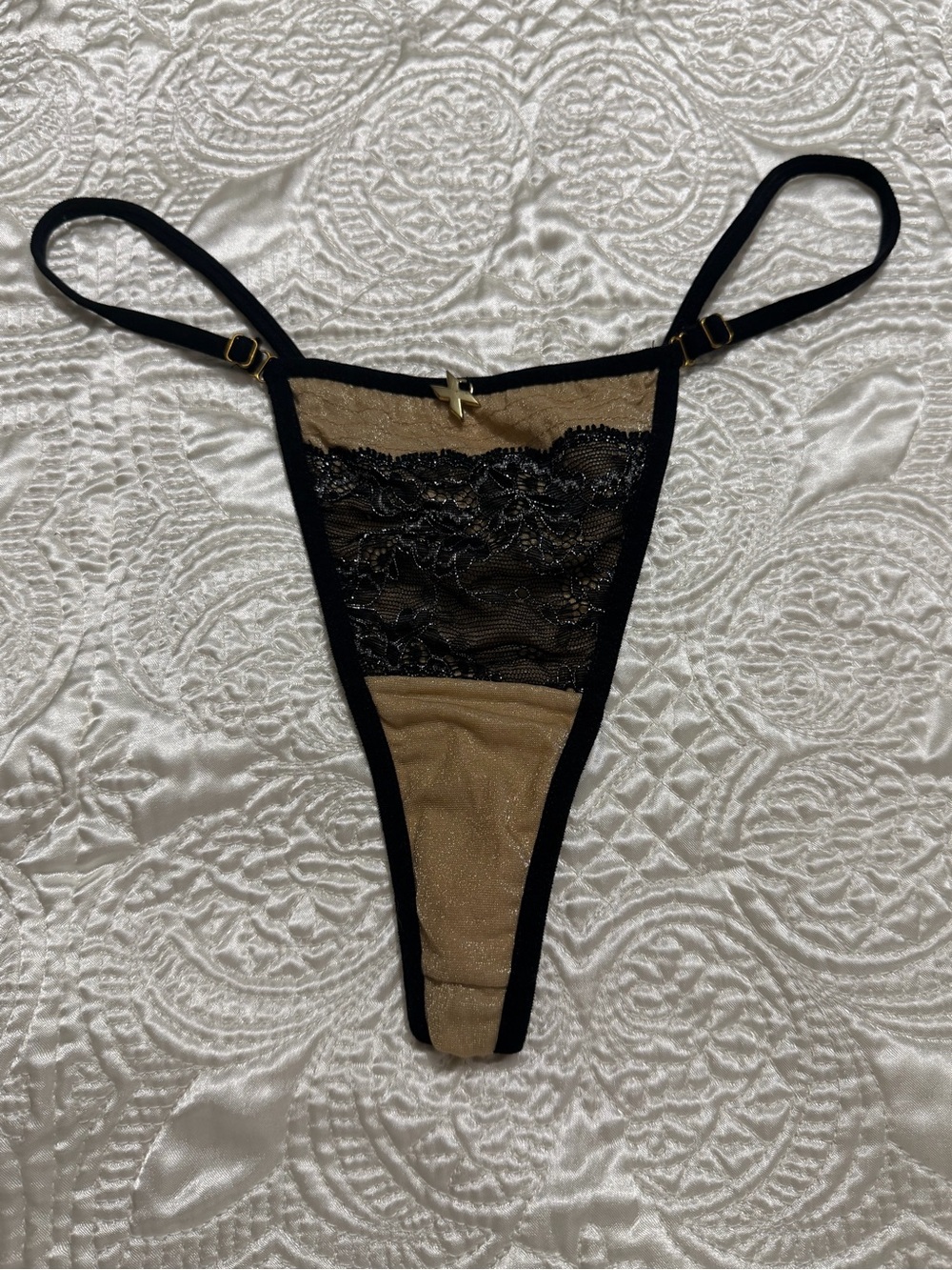 Frederick's of Hollywood Black & Tan Lace Thong with Gold Cross Accent